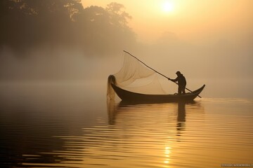 On a quiet, foggy morning, a fisherman casts his net on a serene lake. Generative AI