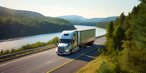 Big white semi truck driving on a road near lake. Semi truck transporting commercial cargo in refrigerated semi trailer down road with a green trees near lake