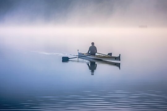 On a quiet, foggy morning, a fisherman casts his net on a serene lake. Generative AI