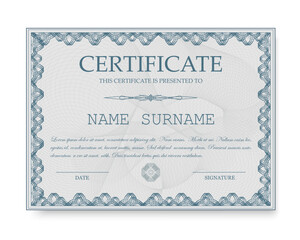 Certificate of appreciation template, gold and blue color. Clean modern certificate with gold badge. Certificate border template with luxury and modern line pattern. Diploma vector template.