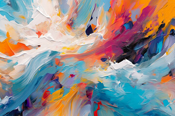 convergence of vibrant brushstrokes and abstract shapes, creating a lively and energetic abstract composition