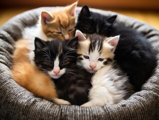 The image showcases a litter of adorable kitten siblings nestled together in a cozy, sunlit corner. The kittens, with their soft fur and round faces, are a mix of different colors and patterns.