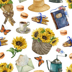 Summer picnic seamless pattern, sunflower bouquets, books, hat, coffee cup, butterflies, key, cookies sweets on white background. Gift wrap design, hand-drawn watercolor digital paper - obrazy, fototapety, plakaty
