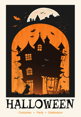Halloween party poster, vector celebration banner, greeting, invitation with Halloween holiday with creepy house silhouette, moon and bats around.