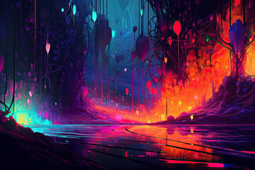 luminous abstract landscape of cascading neon colors, evoking a futuristic and otherworldly ambiance