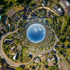 blue sphere inside overlooking old town, urban development, historic buildings and crossroads. Transformation of spherical 360 panorama in abstract aerial view.