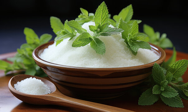 Put natural sweetener stevia from a pile into a spoon, generative AI