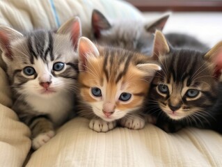 The image showcases a litter of adorable kitten siblings nestled together in a cozy, sunlit corner. The kittens, with their soft fur and round faces, are a mix of different colors and patterns.