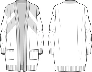 Women's Long Line Chevron Colour Block Cardigan. Technical fashion illustration. Front and back, white. Women's CAD mock-up. - obrazy, fototapety, plakaty