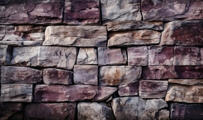 Textured background of rough uneven surface of brown and purple stone wall with cracks, generative AI