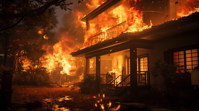 一軒家の火災現場（AI生成）