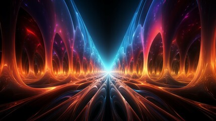 Futuristic neon tunnel corridor with glowing lights and reflections 3d rendering. Modern colorful waves and shapes wallpaper or background.  3d illustration