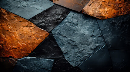 Background of dark tones multicolored slate cracked wall texture. Black stone wall texture background. A dark wall of tiles wallpaper and house decoration concept. 3d Render .