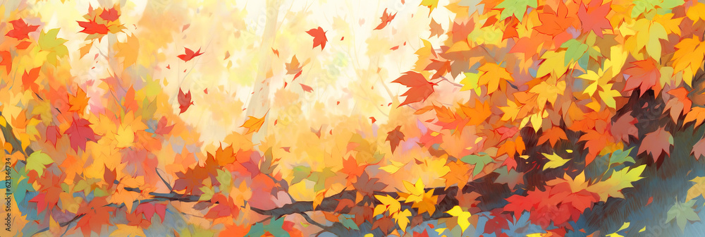 Wall mural a muilticolored branch of maple tree with falling autumn leaves, banner background with copy space. 