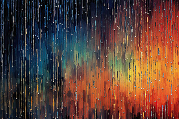 Abstract Rainfall Symphony: mesmerizing panorama depicting an abstract symphony of raindrops, with cascading lines, reflective surfaces, and a spectrum of vibrant colors