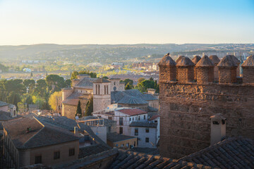Obraz premium Church of Santiago del Arrabal and Puerta del Sol Gate Aerial view - Toledo, Spain