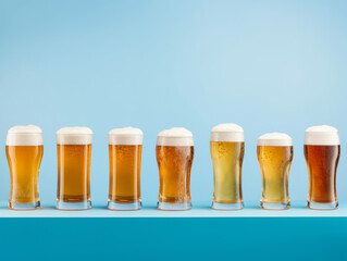 A row of fresh beer or lager in different glasses