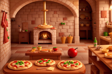伝統的な窯で焼かれたピザ。Generative AI