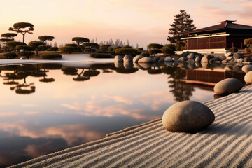 Serene Zen Reflections: serene panorama of a tranquil Zen garden, with carefully raked sand, peaceful reflection ponds, and minimalist elements that inspire a sense of calm