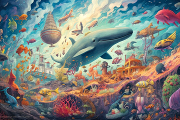 Obraz na płótnie Canvas Whimsical Undersea Adventure: whimsical panorama taking you on an undersea adventure, with vibrant coral reefs, playful sea creatures, and a sense of enchantment beneath the waves