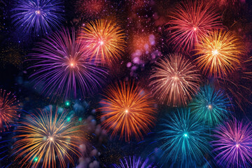 Festive Fireworks: dynamic panorama of a fireworks display illuminating the night sky with bursts of vibrant colors and shimmering sparks