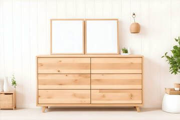 Wooden rustic chest of drawers near the wall with blank poster frame with copy space. The interior design of the modern living room.
