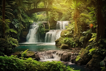 Whispering Waterfalls: serene panorama capturing cascading waterfalls surrounded by lush greenery, where the soothing sound of water creates a peaceful ambiance