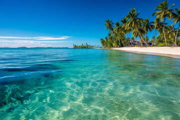 Fototapeta premium Tropical Paradise: breathtaking panorama of a pristine tropical paradise, featuring palm-fringed white sand beaches, crystal-clear turquoise waters, and vibrant coral reefs