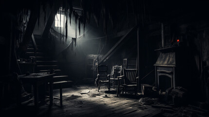 Inside view of haunted house with abandoned chamber, ghostly light and broken furniture. Generative AI. - obrazy, fototapety, plakaty