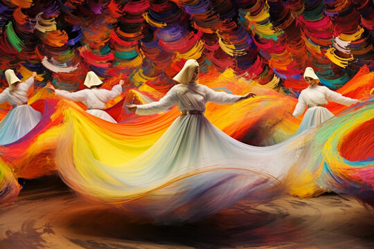 Whirling Dervishes: mesmerizing panorama capturing the graceful movements of whirling dervishes in vibrant traditional costumes amidst swirling patterns of colors