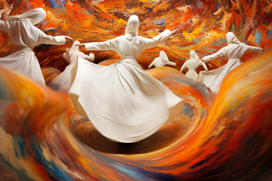 Whirling Dervishes: mesmerizing panorama capturing the graceful movements of whirling dervishes in vibrant traditional costumes amidst swirling patterns of colors