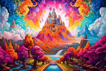 Obraz na płótnie Canvas Technicolor Dreams: vibrant panorama of surreal landscapes and imaginative scenes where reality blends with fantasy in a kaleidoscope of colors