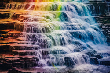 Rainbow Cascade: dazzling panorama capturing a cascading waterfall adorned with a vibrant rainbow, creating a mesmerizing display of colors and movement