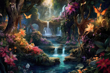 Enchanted Garden: vibrant and lush panorama of a mystical garden filled with colorful flowers, cascading waterfalls, and fluttering butterflies