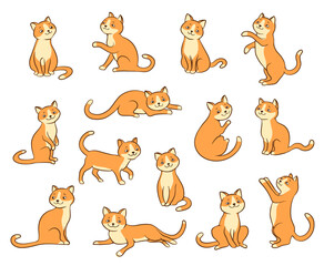 Funny cartoon little cat in various poses vector illustration. Orange smiling kitten sitting, playing, begging, standing and laying vector drawing set