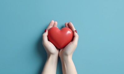 Female hands holding a red heart on a blue background ai generated