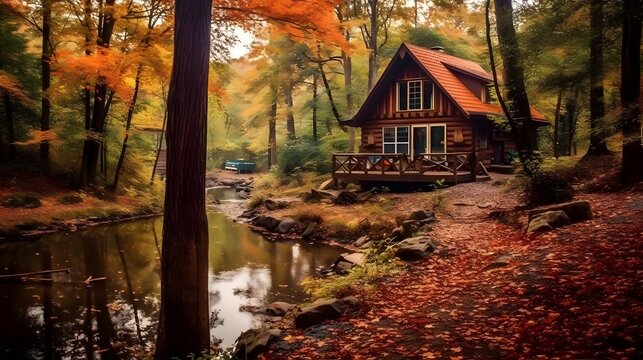 Cozy image of a charming cabin nestled in the midst of an autumn forest, surrounded by colorful foliage. Generative ai.