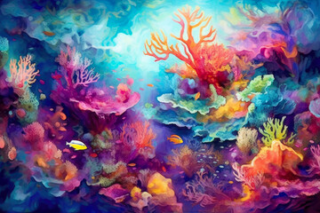 Naklejka na ściany i meble abstract background resembling a vibrant underwater coral reef, with a plethora of colorful marine life, immersing the viewer in a captivating aquatic world