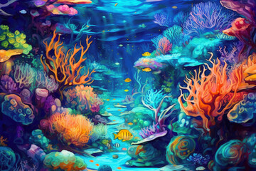 abstract background resembling a vibrant underwater coral reef, with a plethora of colorful marine life, immersing the viewer in a captivating aquatic world