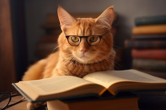 Ginger cute kitten in glasses reading book. Generative AI