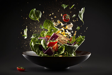 Splash of vegetable salad with flying ingredients on black background. Mixed media. created with generative AI	