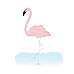 Watercolor pink flamingo and sea  on white background. Doodle kids design. Vector illustration.