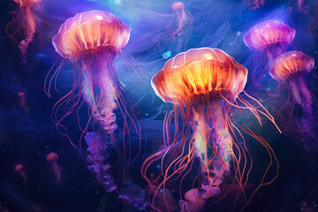 abstract background resembling a surreal underwater realm, with floating jellyfish and bioluminescent organisms, immersing the viewer in an enchanting aquatic experience
