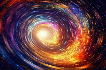 abstract background resembling a cosmic journey through time and space, with swirling portals and celestial phenomena