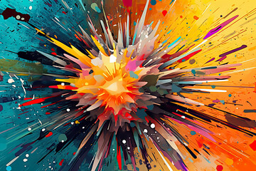 burst of abstract shapes and lines on a colorful background, symbolizing the explosion of creativity and inspiration