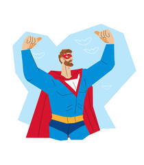 Man in superhero costume demonstrates muscular strength and super power cartoon vector illustration isolated on white background. Brave and purposeful man.