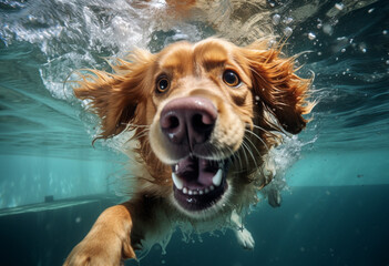 an orange dog swimming underwater from above, in the style of motion blur