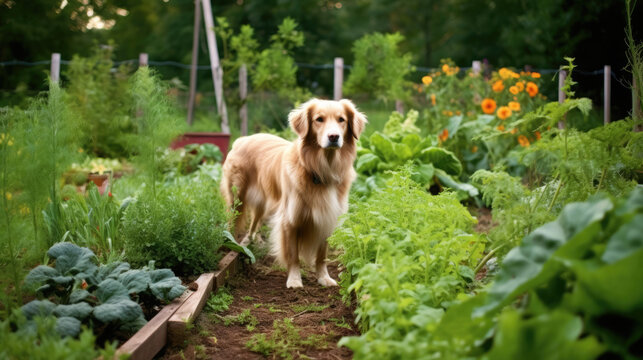 golden retriever dog in vegetable garden