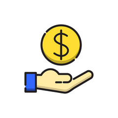 dollar, money hand icon. Money in hand. save money icon, salary money, invest finance, hand holding dollar, line symbols on white background