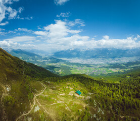 Hut on a mountain in front of the city of Innsbruck in the austrian alps in Tyrol, Austria